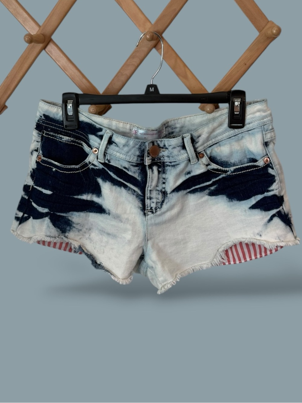 No Boundaries Distressed Tie-Dye Jean micro Shorts with Striped Pockets